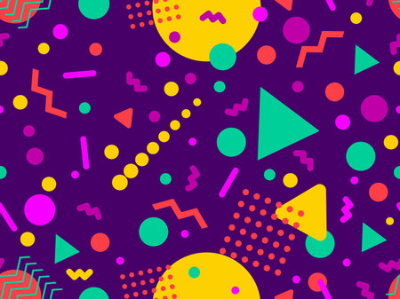 Geometric seamless pattern with memphis elements in 80s style. Colorful geometric pattern. Design of promotional products, wrapping paper and printing. vector illustrationのイラスト素材