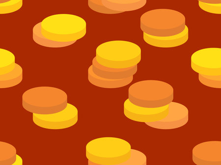 Seamless pattern of gold coins in 3D style. Isometric stack of gold coins. 3D coins for playing in a casino. Design for wallpapers, banners and posters. Vector illustrationのイラスト素材