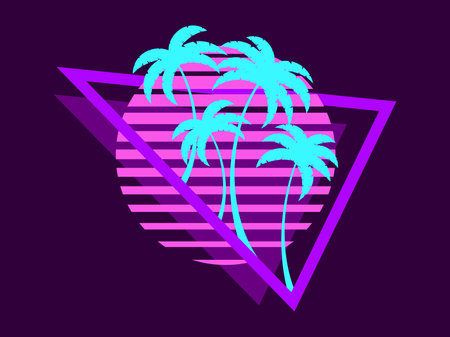 80s retro sci-fi palm trees on a sunset. Retro futuristic sun with palm trees in a triangular frame. Synthwave style. Design for advertising brochures, banners and posters. Vector illustrationのイラスト素材