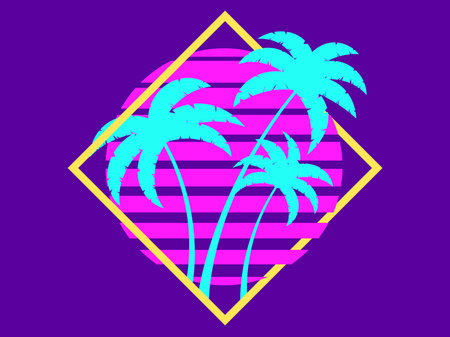 Retro sci-fi palm trees from the 80s at sunset in a square frame. Retro futuristic sun with palm...