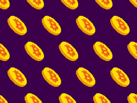 Seamless pattern with gold coins and Bitcoin symbol in pixel art style. 3D coins in the style of...