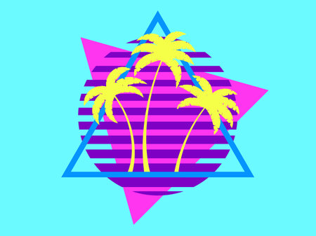80s retro sci-fi palm trees on a sunset in triangular frame. Retro futuristic sun with palm trees....