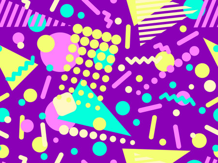 Geometric seamless pattern with memphis elements in 80s style. Colorful geometric pattern. Design of promotional products, wrapping paper and printing. vector illustrationのイラスト素材