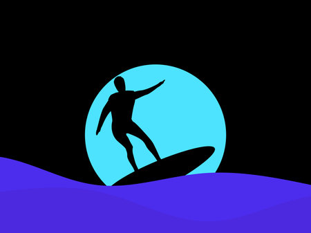 Silhouette of a surfer on a surfboard on the waves and against the backdrop of a full blue moon. Surfer rides a wave, night surfing under the moon. Design of banners and posters. Vector illustrationのイラスト素材