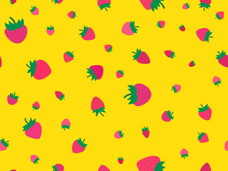 Seamless pattern with red strawberry on yellow background. Drawing of strawberries in a minimalist style. Strawberry design for wallpaper, wrapping paper and promotional items. Vector illustrationのイラスト素材