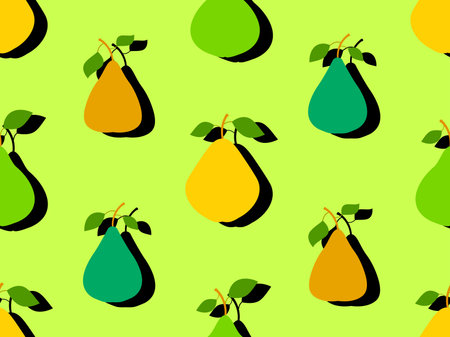 Seamless pattern of pearls in flat style with shadow. Ripe pears with two leaves. Fruit background...