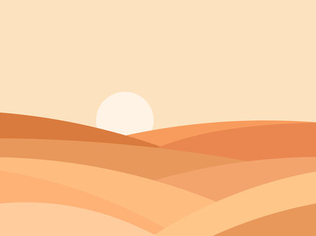 Desert landscape with dunes and sun in a minimalist style. Desert wavy landscape with sun. Design for printing banners, posters, book covers. Vector illustrationのイラスト素材