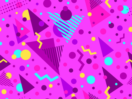 Geometric seamless pattern with memphis elements in 80s style. Colorful geometric pattern. Design of promotional products, wrapping paper and printing. vector illustrationのイラスト素材
