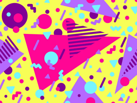 Geometric seamless pattern with memphis elements in 80s style. Colorful geometric pattern. Design of promotional products, wrapping paper and printing. vector illustrationのイラスト素材