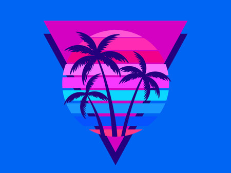 Retro futuristic sunset with palm trees and triangle in 80s style. Sci-fi palm trees at sunset in synthwave and retrowave style. Design for print, banners and posters. Vector illustrationのイラスト素材