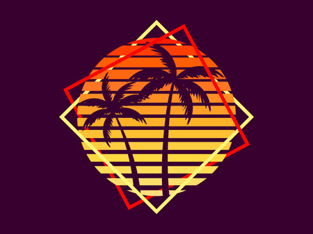 Retro sci-fi palm trees from the 80s at sunset in a square frame. Retro futuristic sun with palm trees. Synthwave and Retrowave style. Design of advertising banners and posters. Vector illustrationのイラスト素材