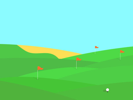 Golf field. Wavy green meadow in a minimalist style. Golf course with holes and red flags. Landscape with green field. Design for advertising products, banners and posters. Vector illustrationのイラスト素材