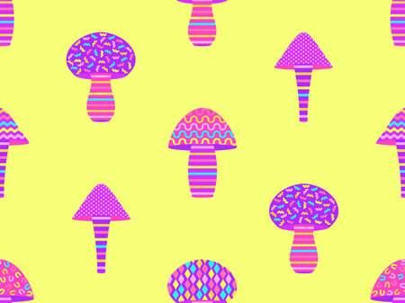 Mushrooms with geometric pattern and black outline. Mushrooms seamless pattern. Geometric figures of different shapes. Design for wallpapers, banners, wrappers and covers. Vector illustrationのイラスト素材