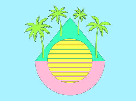 Sun palms and trugonics in 3D. Surreal composition with retro suns in the style of the 80s and palm trees with a black outline, a triangle in section. Design for banner and poster. Vector illustrationのイラスト素材