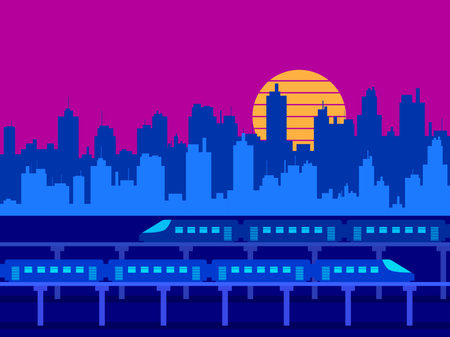 Modern cityscape with trains and skyscrapers. View of the city at sunset with the sun in retro 80s style. Cityscape in the style of cyberpunk, synthwave and retrowave. Vector illustrationのイラスト素材
