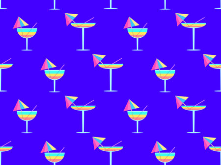 Glass with umbrella and straw seamless pattern. Multi-colored cocktail in a glass. Tropical striped...