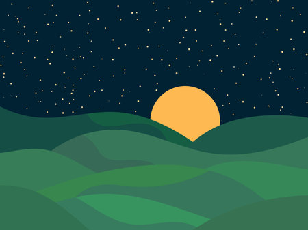 Night landscape with starry sky and moon, wavy landscape with green meadows. Night view of hilly terrain with stars in the sky. Design for banner, poster and cover printing. Vector illustrationのイラスト素材