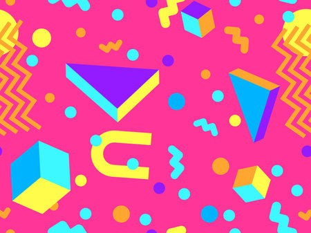 Geometric seamless pattern in 80s style. Colorful geometric pattern with isometric geometric 3D...