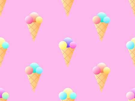 Ice cream cone seamless pattern. Ice cream in a wafer-style cone. Summer background with gradient ice cream. Design for banners, promotional products and wrapping paper. Vector illustrationのイラスト素材