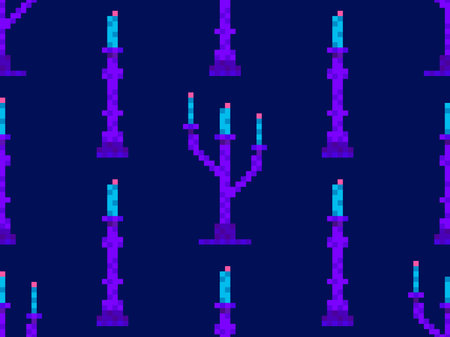 Seamless pattern of pixel candlesticks. Candlestick with candles in 8-bit style. Candlestick with burning candles. Design for wallpapers, wrappers, covers and banners. Vector illustrationのイラスト素材