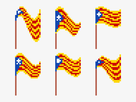 Pixel art set of Catalonia flag icons isolated on white background. Waving flag of Catalonia in 8-bit retro graphic style of 80s. Pixel art style design for banners and posters. Vector illustrationのイラスト素材