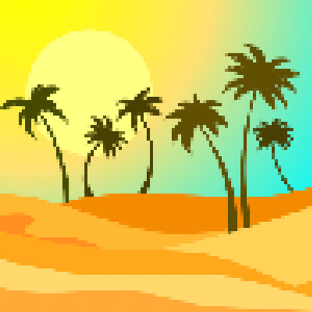 Pixel desert landscape with palm trees and sand dunes. Landscape with palm trees in the desert in the style of 8-bit graphics of retro games of the 80s-90s. Pixel art style. Vector illustrationのイラスト素材