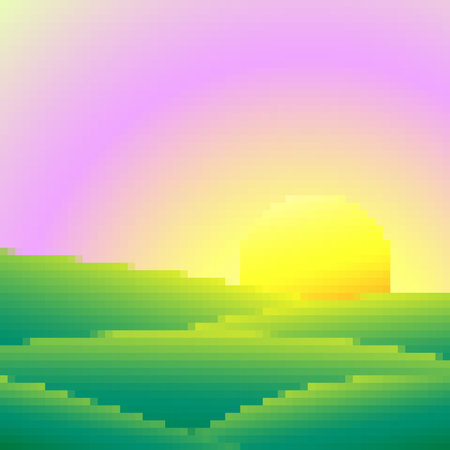 Green meadows at dawn in pixel art style. Rising sun on green fields in the style of 8-bit retro graphics of the 80s and 90s. Design for covers, banners and posters. Vector illustrationのイラスト素材