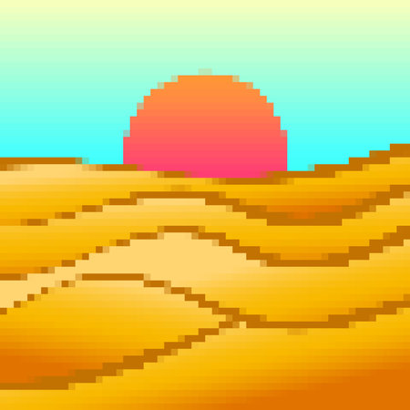 Desert landscape in pixel art style. Sun over sand dunes in the style of 8-bit retro graphics of the 80s and 90s. Pixel desert landscape. Design for printing banners and posters. Vector illustrationのイラスト素材