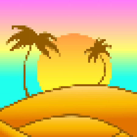 Pixel desert landscape with palm trees and sand dunes. Landscape with palm trees in the desert in the style of 8-bit graphics of retro games of the 80s-90s. Pixel art style. Vector illustrationのイラスト素材