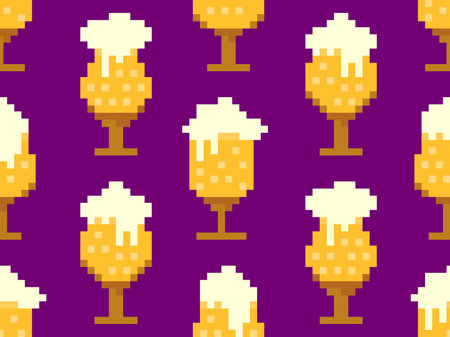 Seamless pattern with beer glasses in pixel style. 8 bit beer mug with foam. Pixel beer in 8-bit retro graphics style of 80s and 90s. Design for banners and posters. Vector illustrationのイラスト素材