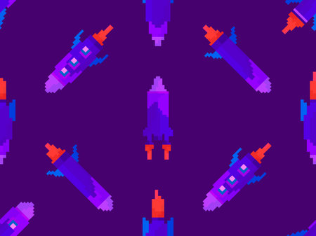 Pixel spaceships seamless pattern. Space rockets in 8-bit retro graphic style of the 80s. Spaceships in pixel art style. Design for banners, app and printed products. Vector illustrationのイラスト素材
