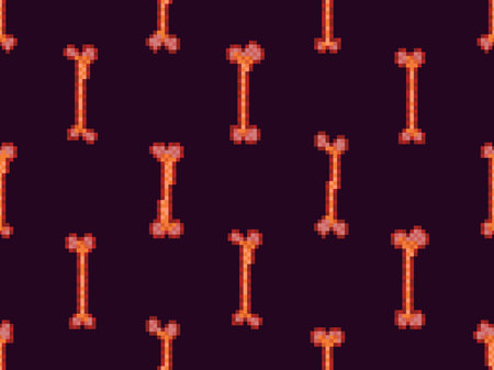 Seamless pattern of pixel bones. Halloween pattern of 8-bit skeleton bones in the style of classic graphics of retro games of the 80s. Design for covers, banners and wrapping. Vector illustrationのイラスト素材