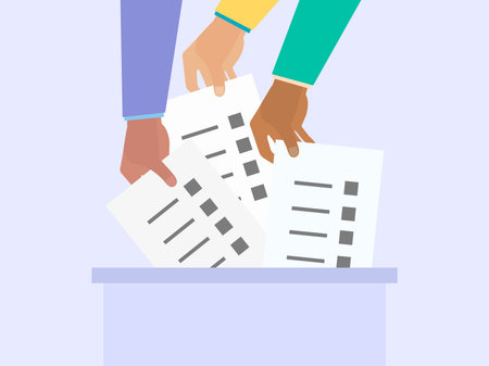 Hands throwing ballots into the ballot box. Elections, ballot box. Vote. Elections, voting process....