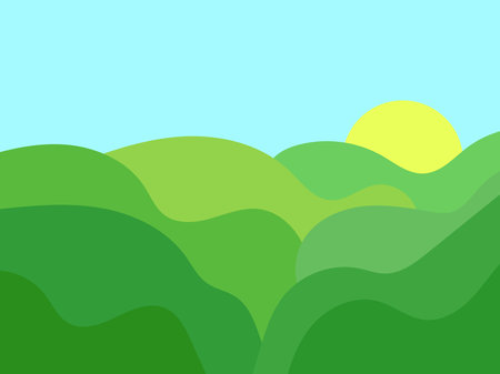 Wavy landscape with green hills and the sun on the horizon. Dawn with green meadows in a minimalist style. Design for posters, prints and banners. Vector illustrationのイラスト素材