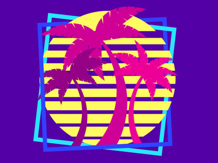 Palm trees at sunset retro sun in 80s style. Retro futuristic silhouettes of palm trees against the...