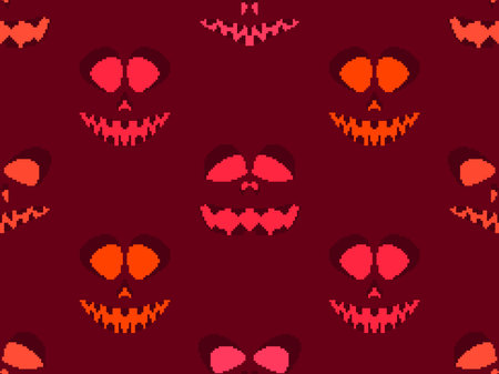 Seamless pattern with Halloween scary face in pixel art style. Pixel scary pumpkin face in 8-bit retro graphic style of 80s games. Design for wallpapers, banners and posters. Vector illustrationのイラスト素材