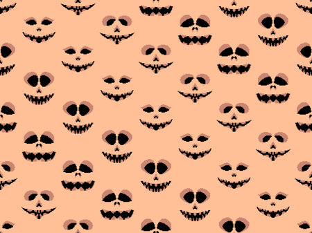 Seamless pattern with Halloween scary face in pixel art style. Pixel scary pumpkin face in 8-bit retro graphic style of 80s games. Design for wallpapers, banners and posters. Vector illustrationのイラスト素材
