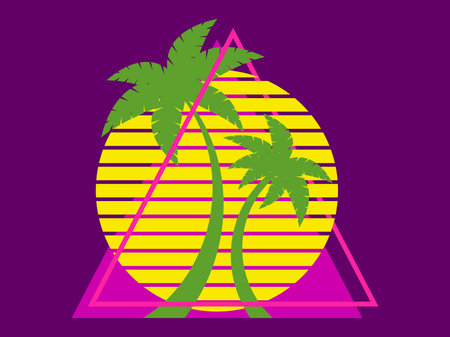 Palm trees at sunset retro sun in 80s style. Retro futuristic silhouettes of palm trees against the sun in a triangular frame. Synthwave style. Design for banners and posters. Vector illustrationのイラスト素材