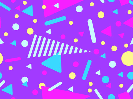 Geometric seamless pattern with memphis elements in 80s style. Colorful geometric pattern. Design of...