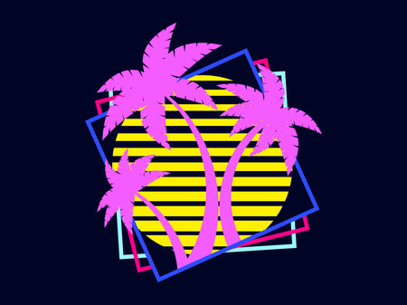 Palm trees at sunset retro sun in 80s style. Retro futuristic silhouettes of palm trees against the sun in a square frame. Synthwave style. Design for banners and posters. Vector illustrationのイラスト素材