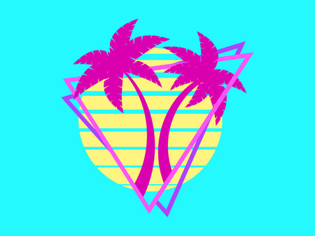 80s retro sci-fi palm trees on a sunset. Retro futuristic sun with palm trees in a triangular frame. Synthwave style. Design for advertising brochures, banners and posters. Vector illustrationのイラスト素材