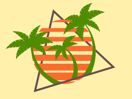 80s retro sci-fi palm trees on a sunset. Retro futuristic sun with palm trees in a triangular frame. Synthwave style. Design for advertising brochures, banners and posters. Vector illustrationのイラスト素材