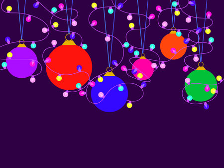 Merry Christmas. Greeting card with hanging Christmas balls. Garland of multi-colored light bulbs wrapping around Christmas tree balls. Design for invitation, banners and posters. Vector illustrationのイラスト素材