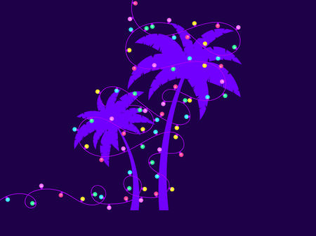 Palm tree silhouettes decorated with Christmas garland with colorful lights. Christmas garlands decoration tropical palm trees. Design for greeting card and banner. Vector illustrationのイラスト素材