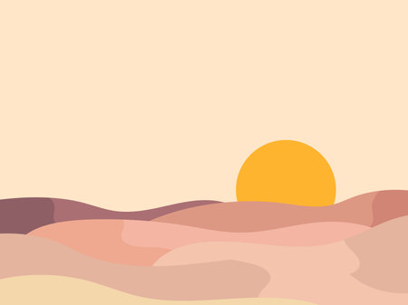 Mountain landscape in a minimalist style, rocks and canyons. Wavy landscape with the sun on the horizon. Boho decor for print, poster and interior design. Modern mid-century decor. Vector illustrationのイラスト素材