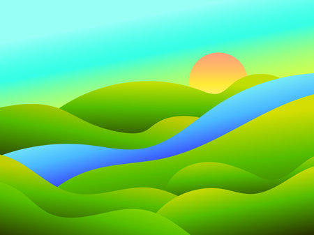 Gradient green meadows and a river at dawn in a minimalist style. Panoramic natural landscape with green hills, a river and the rising sun. Design for covers, banners and posters. Vector illustrationのイラスト素材