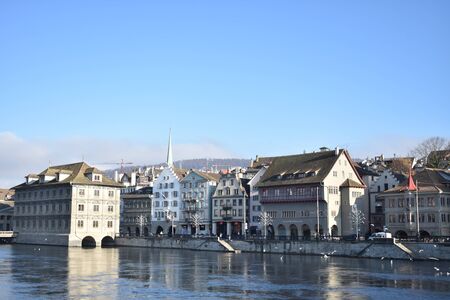 Cityscape in Altstadt along the Limmat river running through Zurichの写真素材