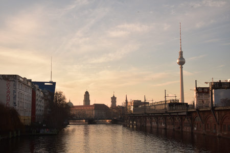 Berlin Skyline from Friedrichschain Spree River with TV tower in Berlin