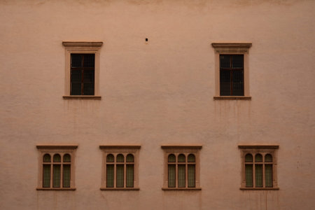 exterior windows of old fortified citadel in Fagaras