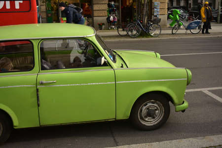 Green vintage Trabant 601 parked on the street in Mitte Berlinのeditorial素材